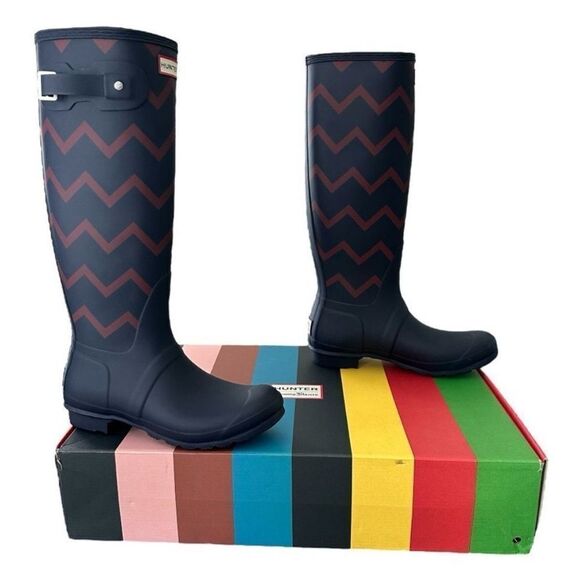 Hunter Rain Boots Rowing Blazers X Hunter Zig Zag Ultra Tall Knee High Chevron - Picture 2 of 13